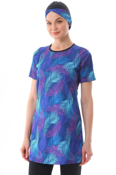 Lycra Semi-Closed Patterned Hijab Swimsuit Blue - MALLTURK