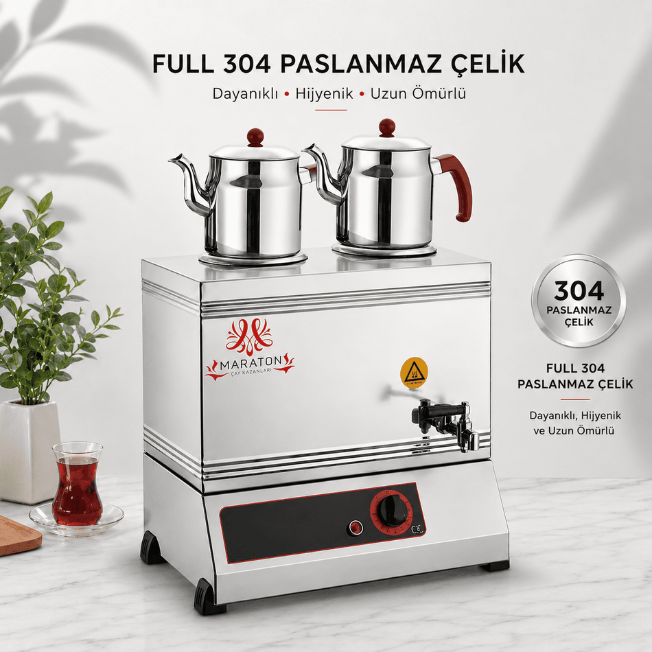 Maraton 304 Stainless Steel 25-Size Tea Urn with Two Teapot Stations - MALLTURK