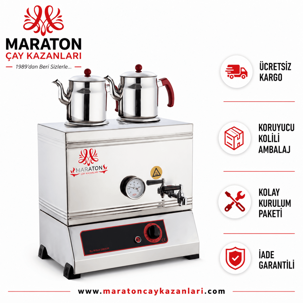 Maraton 40-Size Stainless Steel Tea Urn with Two Teapot Stations - MALLTURK