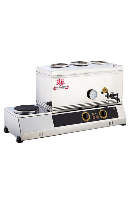 Maraton Electric Stainless Steel Tea Urn with Three Teapot Stations and Hot Plate - MALLTURK