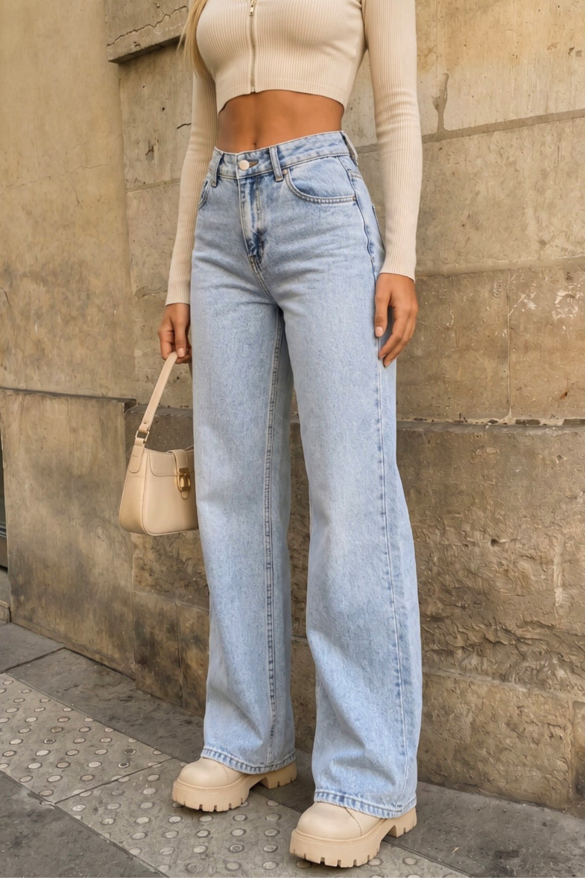 Mavi Yüksek Bel Wide Leg Bol Paça Palazzo Kot Pantolon - MALLTURK