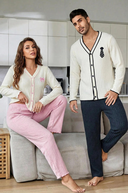 Men's Buttoned Long Sleeve Embroidered Couple Pajama Set - MALLTURK