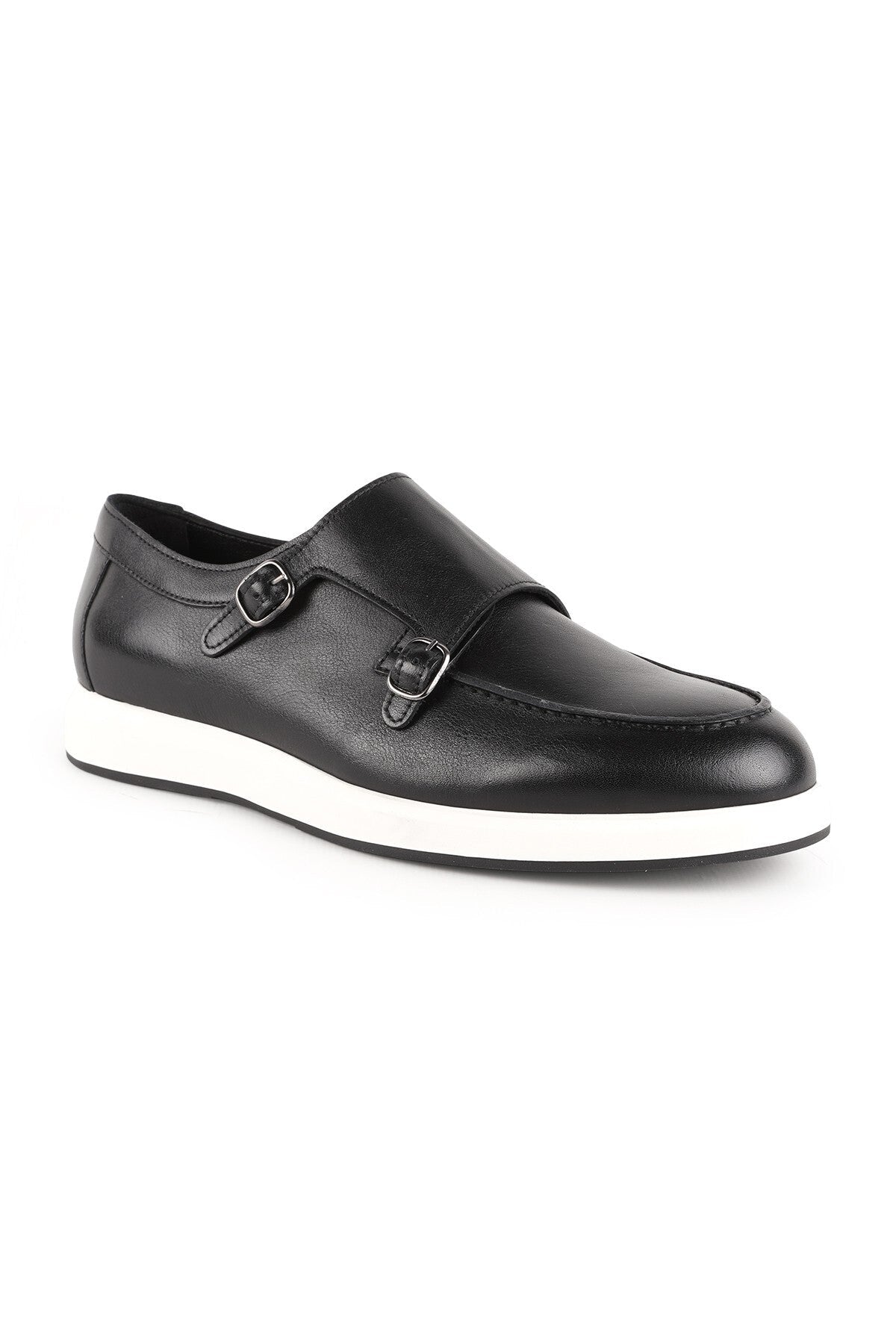 Men's Casual Shoes Navy Blue Genuine Leather Double Buckle Monk Strap Lightweight White Eva Sole Sneaker - MALLTURK