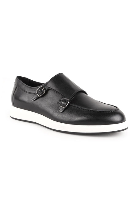 Men's Casual Shoes Navy Blue Genuine Leather Double Buckle Monk Strap Lightweight White Eva Sole Sneaker - MALLTURK
