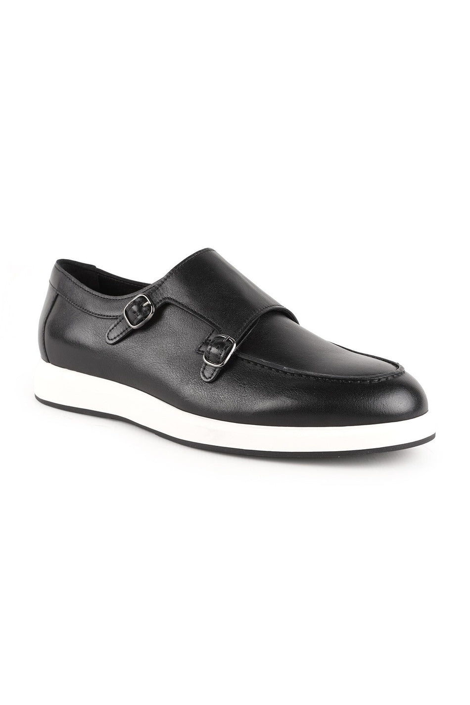 Men's Casual Shoes Navy Blue Genuine Leather Double Buckle Monk Strap Lightweight White Eva Sole Sneaker - MALLTURK