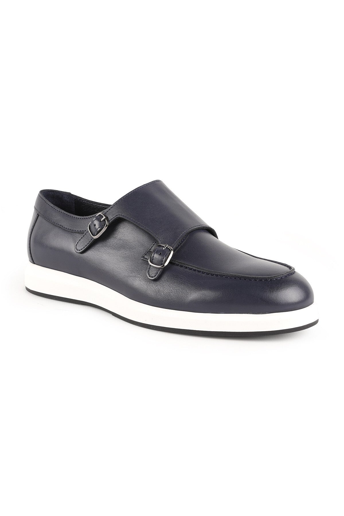Men's Casual Shoes Navy Blue Genuine Leather Double Buckle Monk Strap Lightweight White Eva Sole Sneaker - MALLTURK
