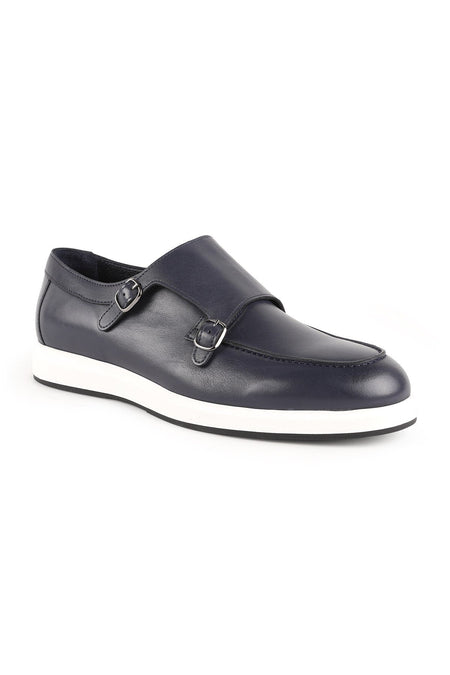 Men's Casual Shoes Navy Blue Genuine Leather Double Buckle Monk Strap Lightweight White Eva Sole Sneaker - MALLTURK