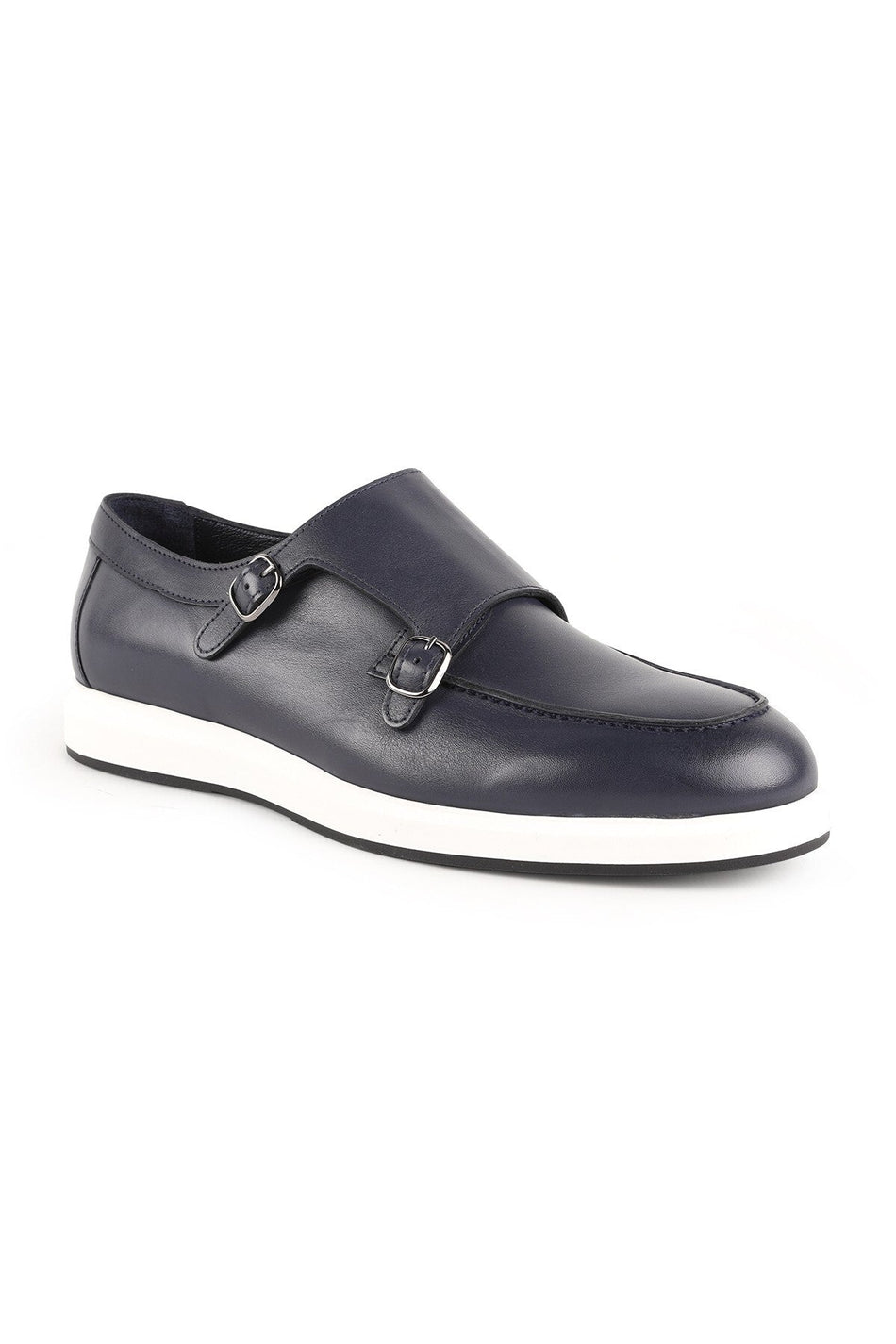 Men's Casual Shoes Navy Blue Genuine Leather Double Buckle Monk Strap Lightweight White Eva Sole Sneaker - MALLTURK