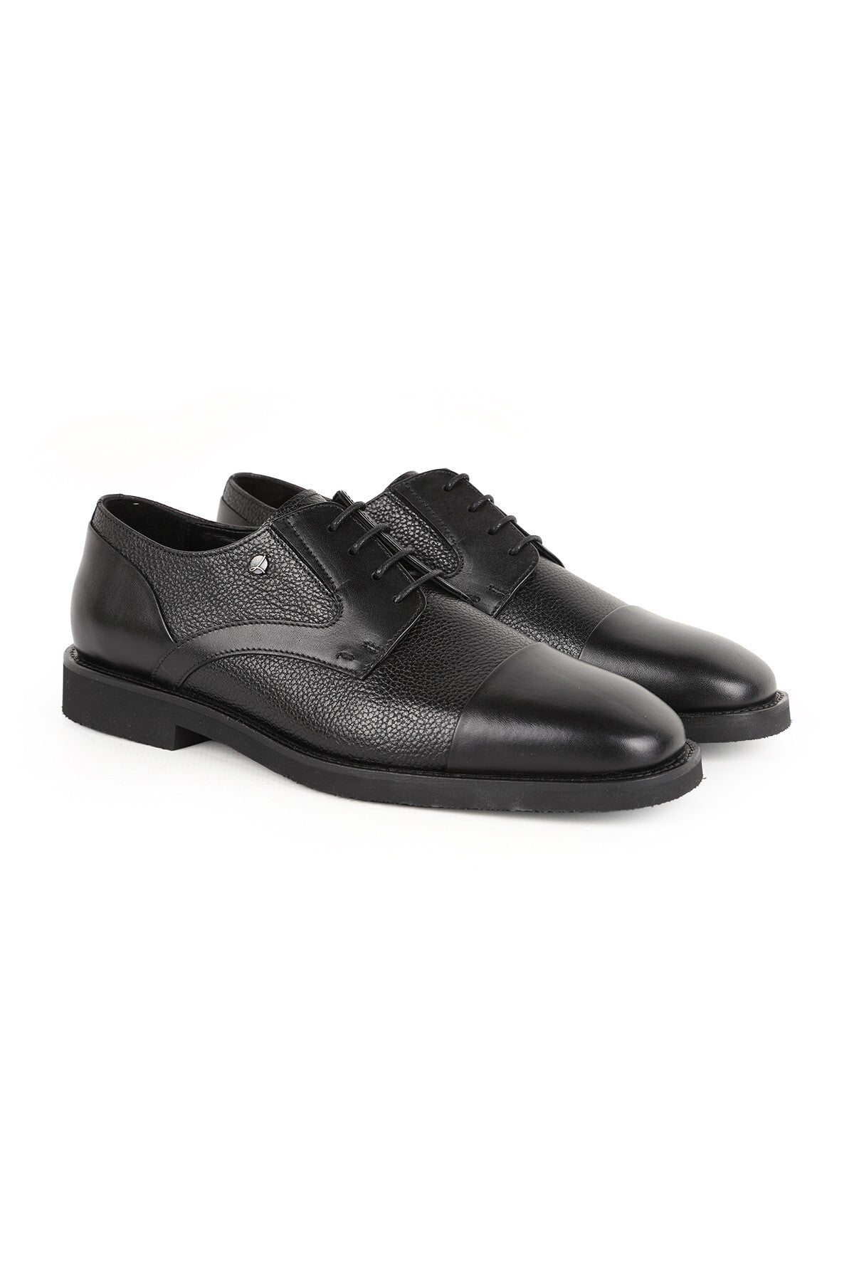 Men's Classic Shoes Black Genuine Leather Flotter Garnished Stitched Toe Lace-Up Flexible Rubber Sole - MALLTURK