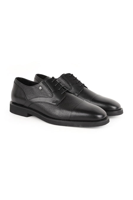 Men's Classic Shoes Black Genuine Leather Flotter Garnished Stitched Toe Lace-Up Flexible Rubber Sole - MALLTURK