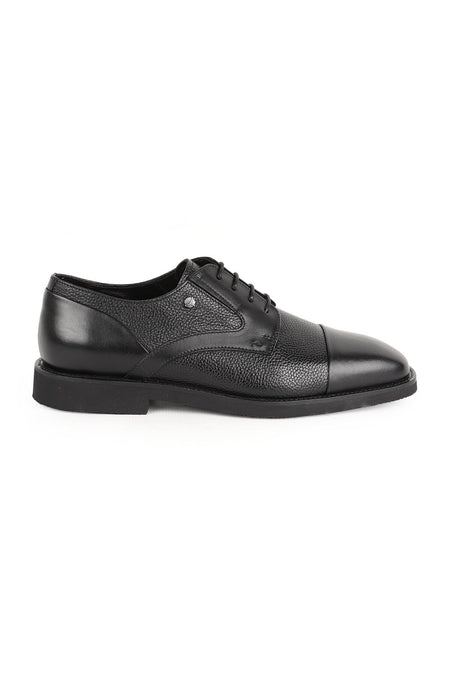 Men's Classic Shoes Black Genuine Leather Flotter Garnished Stitched Toe Lace-Up Flexible Rubber Sole - MALLTURK
