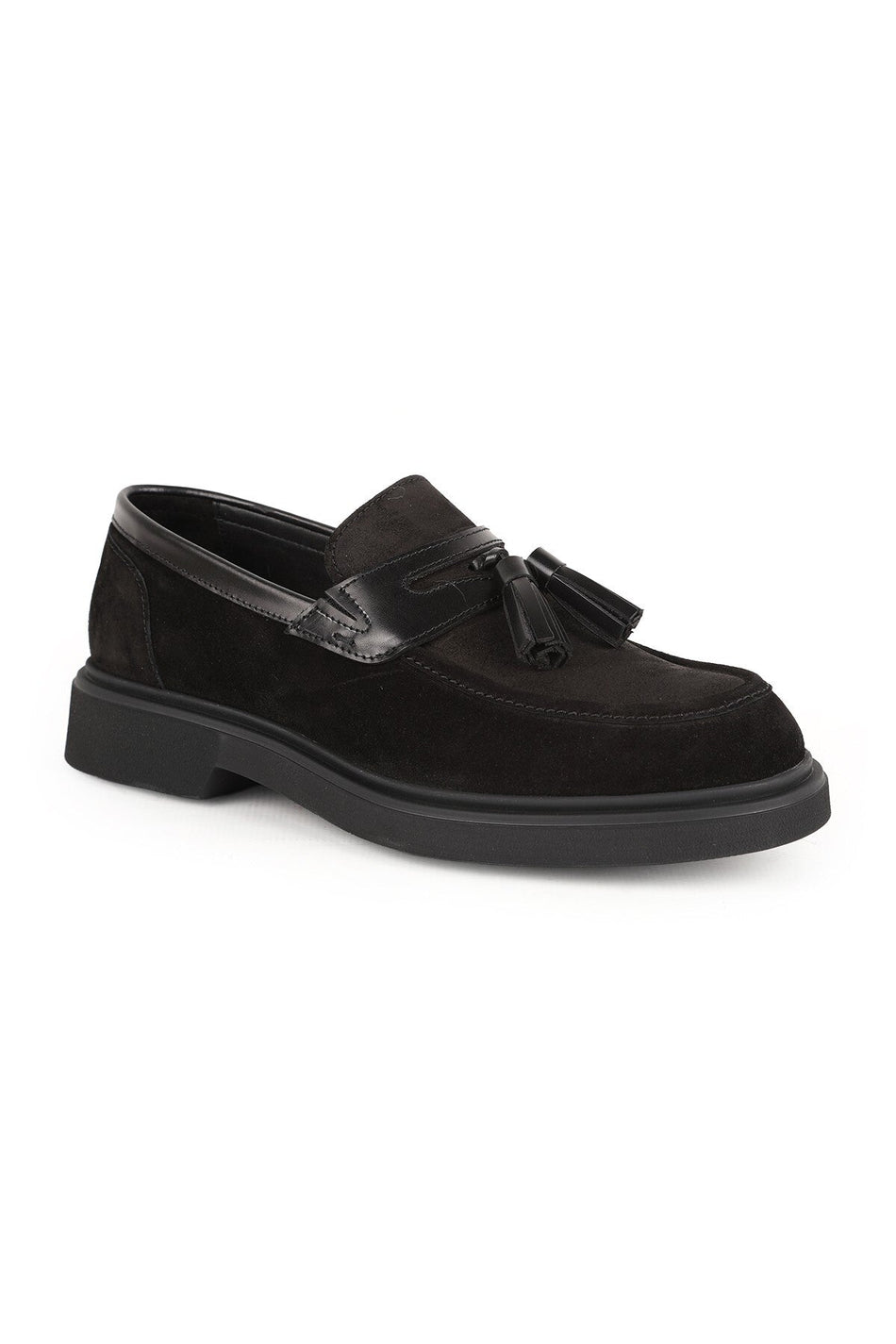 Men's Loafer Shoes Black Genuine Suede Leather Tasseled Practical Slip-On Lightweight Thick Eva Sole L6097 - MALLTURK