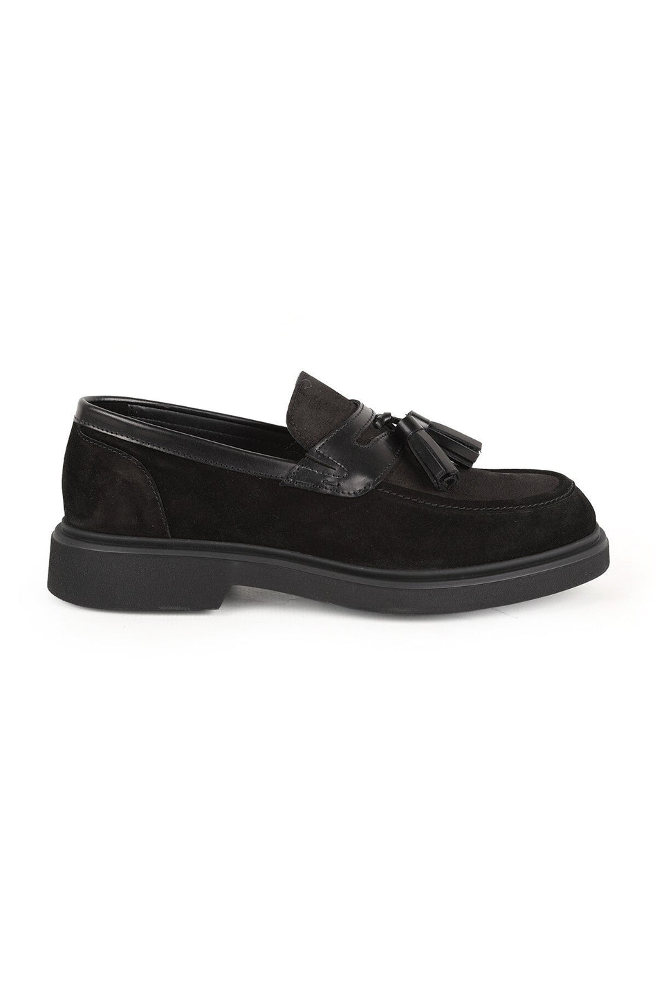 Men's Loafer Shoes Black Genuine Suede Leather Tasseled Practical Slip-On Lightweight Thick Eva Sole L6097 - MALLTURK