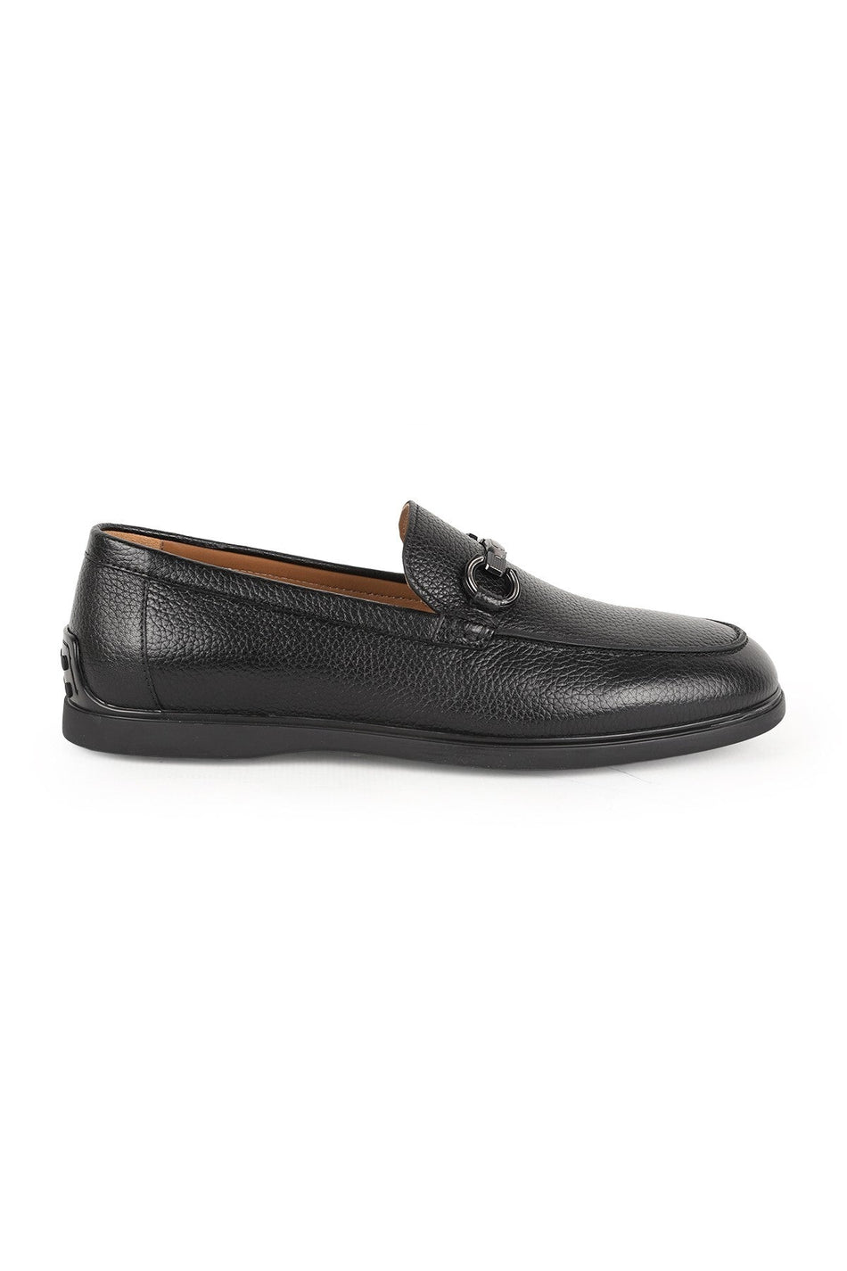 Men's Loafer Shoes Genuine Leather Black Textured Metal Buckle Moccasins Non-Slip Flexible Rubber Sole L6008 - MALLTURK