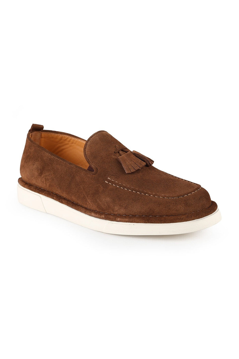 Men's Loafer Shoes Genuine Suede Leather Tassel Detailed Practical Slip-On Flexible Lightweight White Eva Sole L60 - MALLTURK