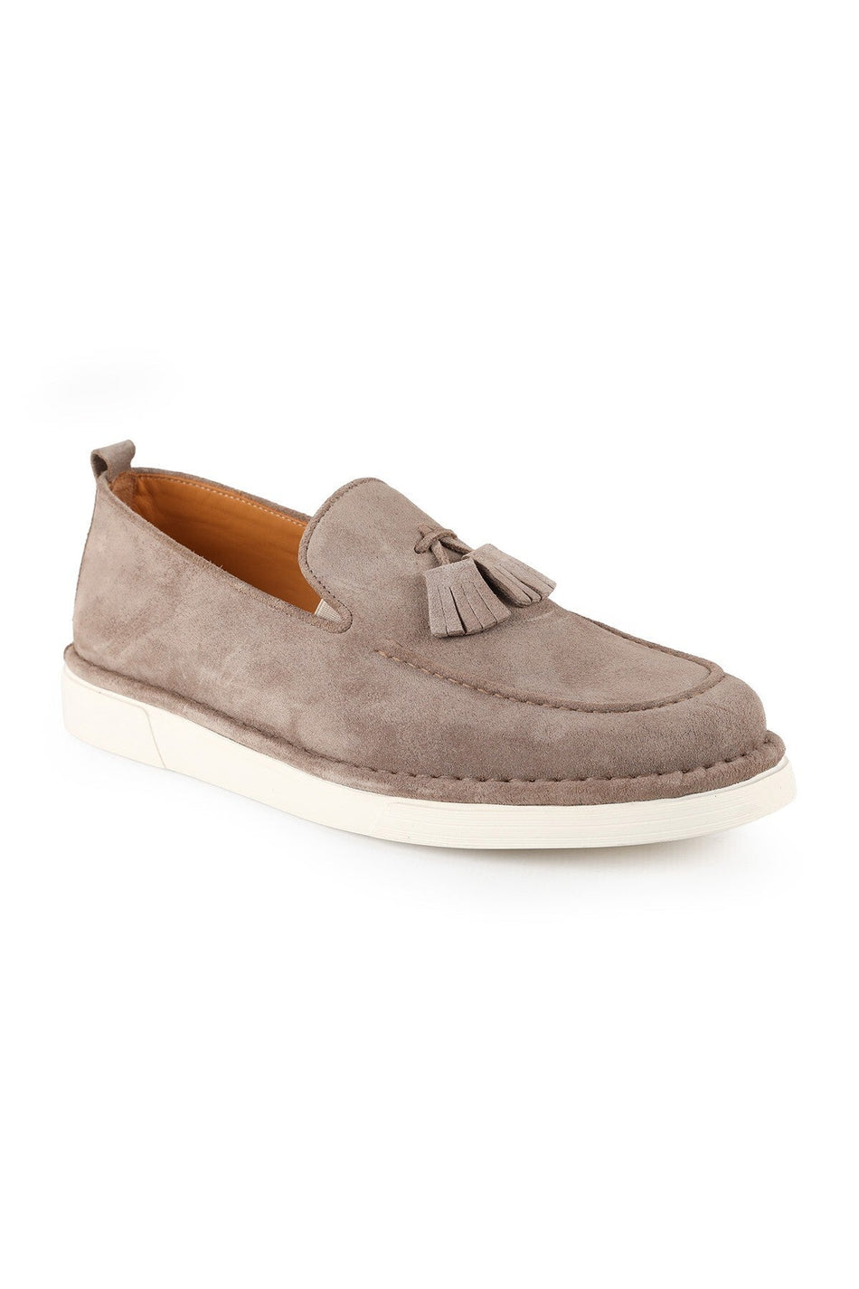 Men's Loafer Shoes Genuine Suede Leather Tassel Detailed Practical Slip-On Flexible Lightweight White Eva Sole L60 - MALLTURK