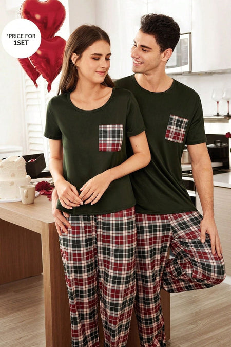 Men's Pocket Detailed Short Sleeve Plaid Couple Pajamas - MALLTURK