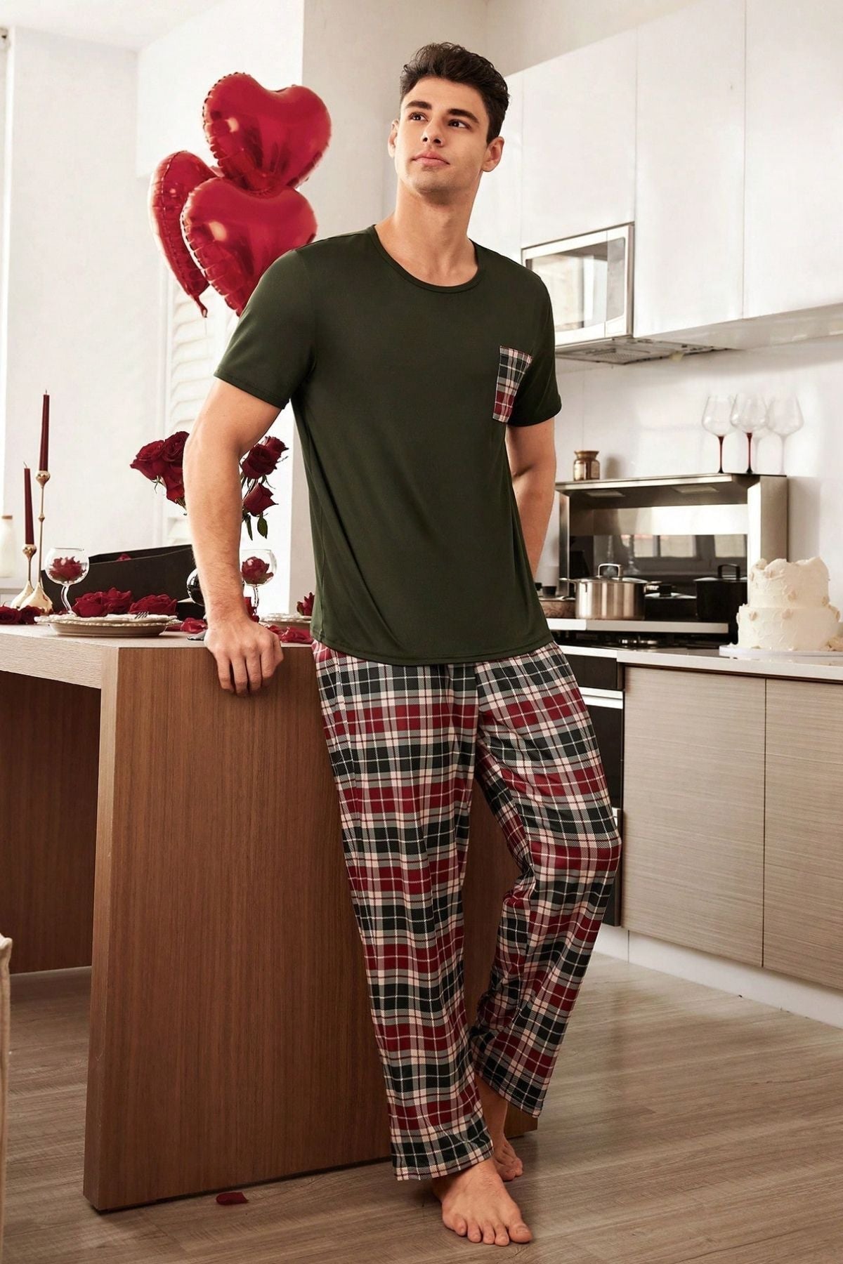 Men's Pocket Detailed Short Sleeve Plaid Couple Pajamas - MALLTURK