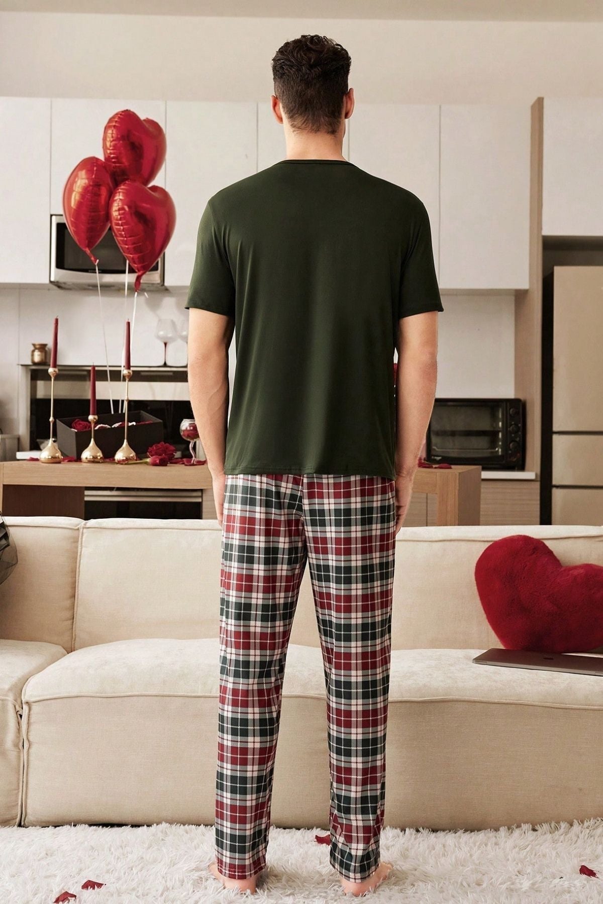 Men's Pocket Detailed Short Sleeve Plaid Couple Pajamas - MALLTURK