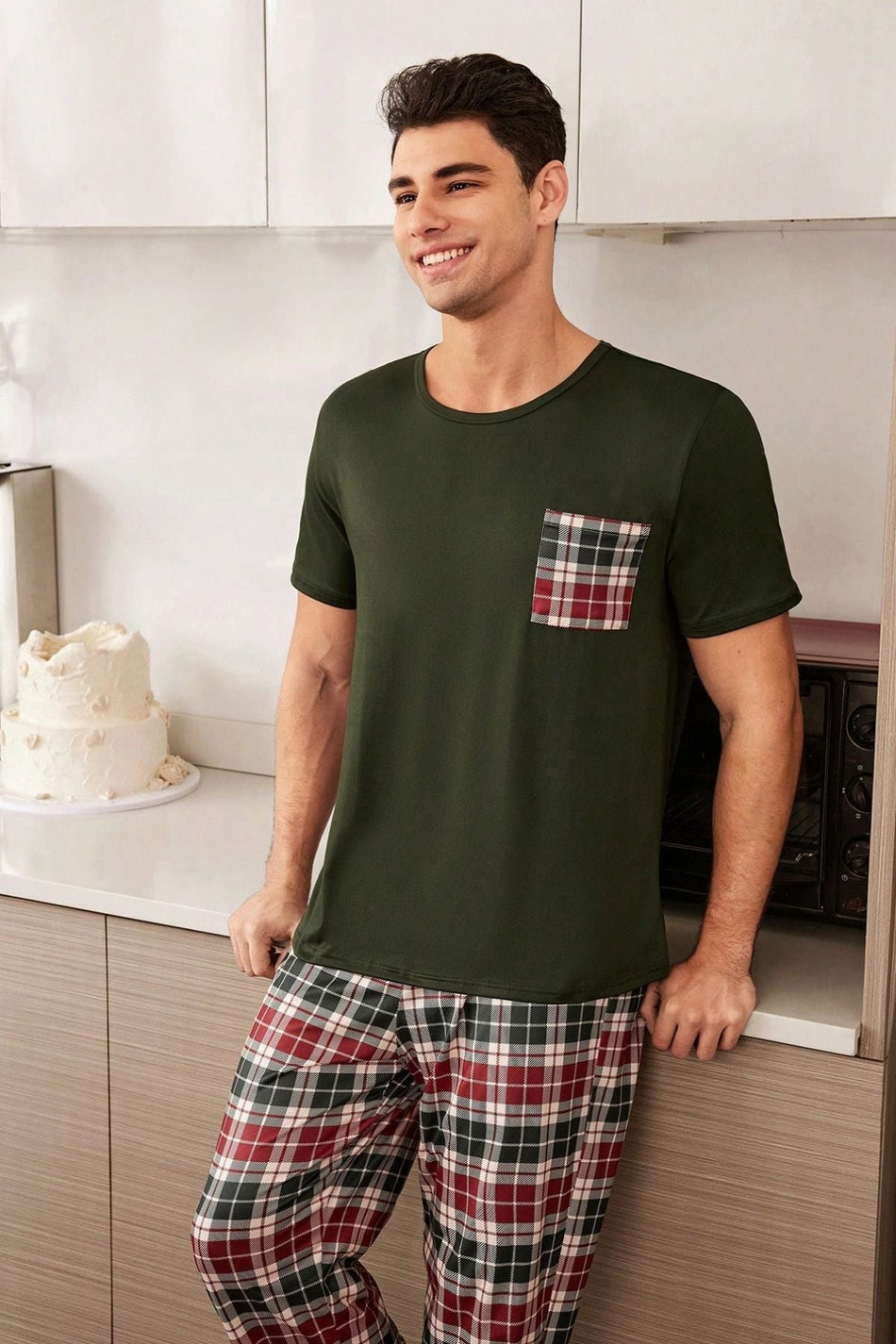 Men's Pocket Detailed Short Sleeve Plaid Couple Pajamas - MALLTURK