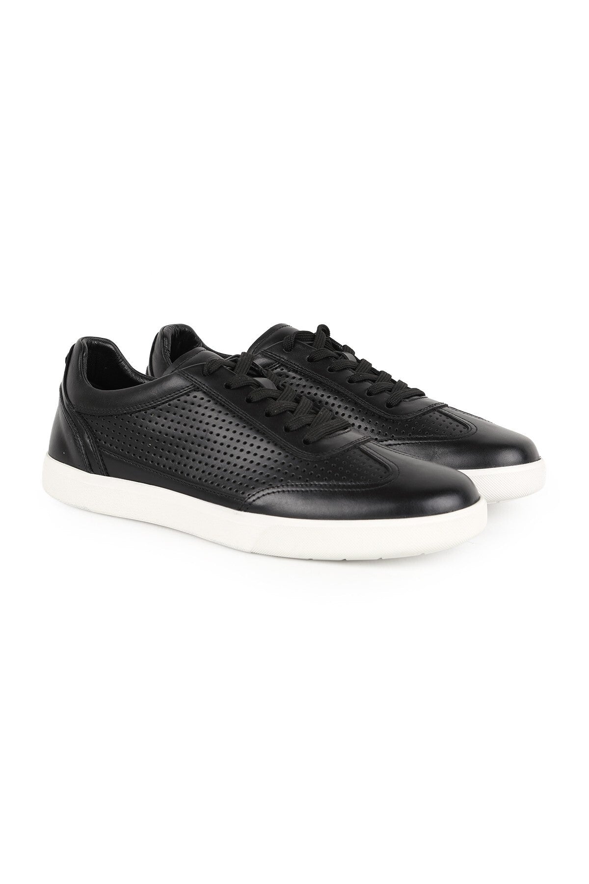 Men's Sneaker Black 100% Genuine Leather Laser Hole Detailed Lace-Up White Rubber Sole Casual Shoes - MALLTURK