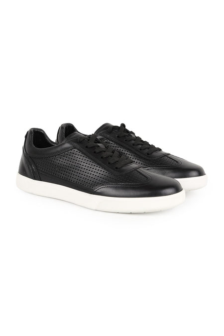Men's Sneaker Black 100% Genuine Leather Laser Hole Detailed Lace-Up White Rubber Sole Casual Shoes - MALLTURK