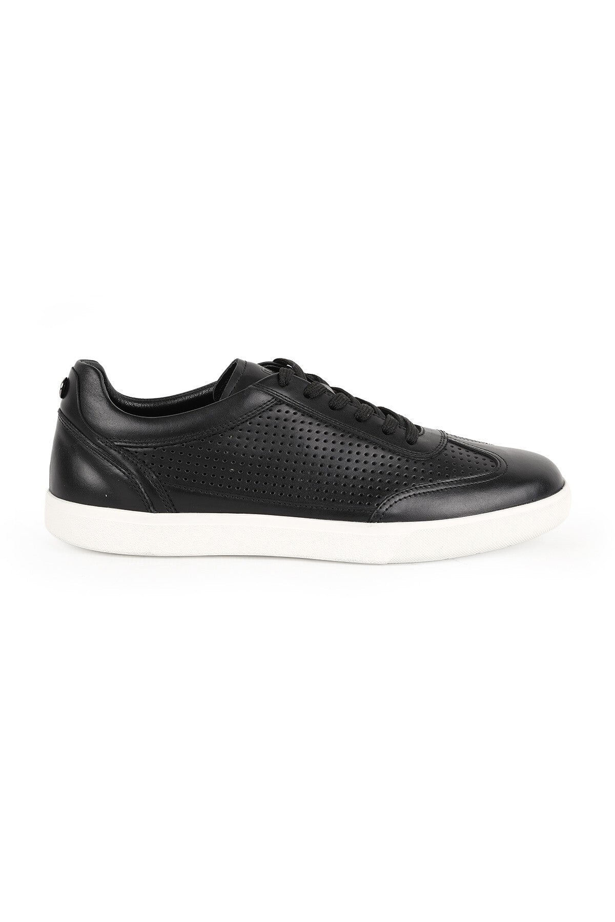 Men's Sneaker Black 100% Genuine Leather Laser Hole Detailed Lace-Up White Rubber Sole Casual Shoes - MALLTURK