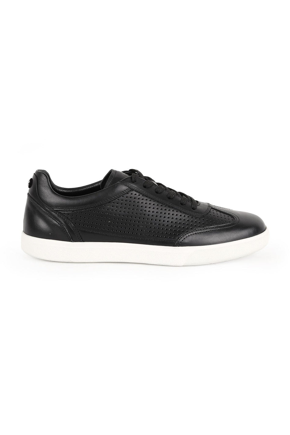 Men's Sneaker Black 100% Genuine Leather Laser Hole Detailed Lace-Up White Rubber Sole Casual Shoes - MALLTURK