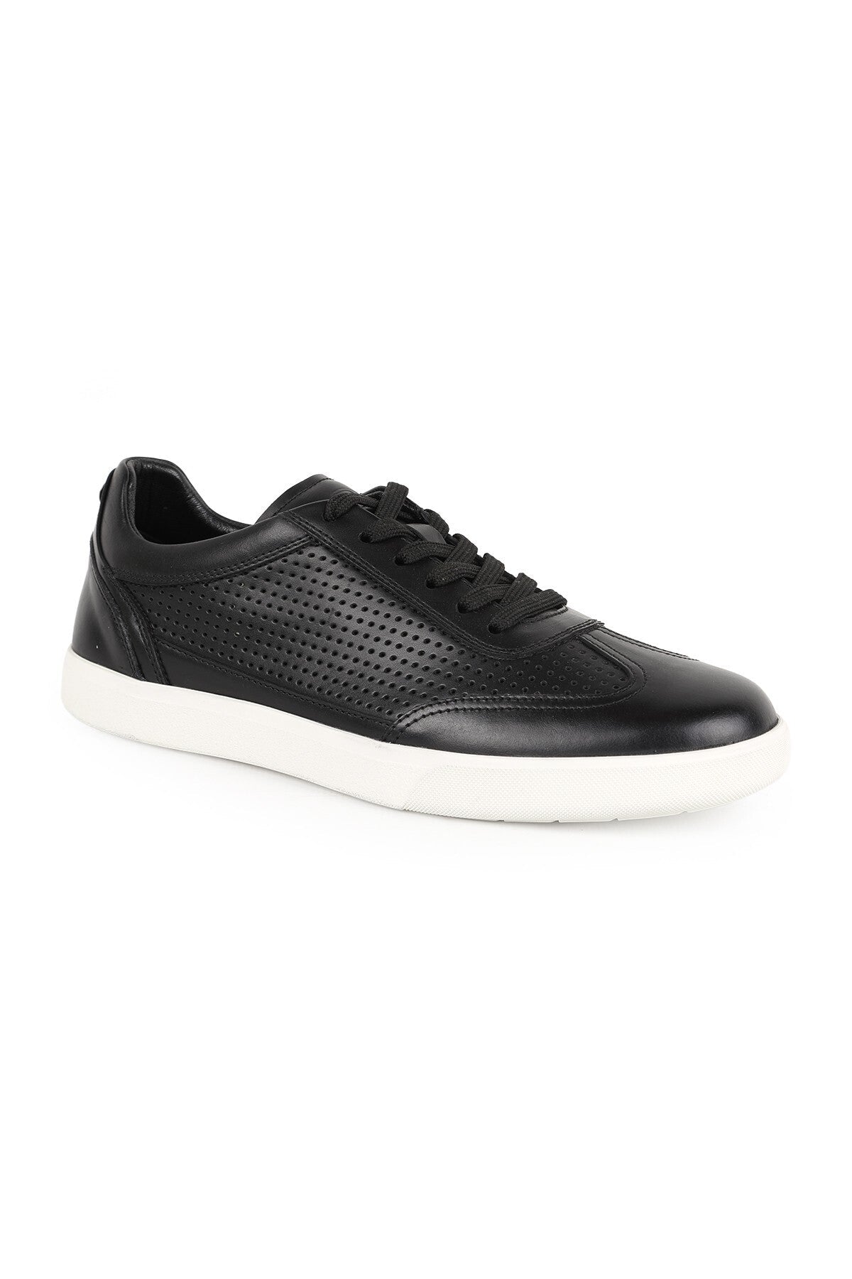 Men's Sneaker Black 100% Genuine Leather Laser Hole Detailed Lace-Up White Rubber Sole Casual Shoes - MALLTURK