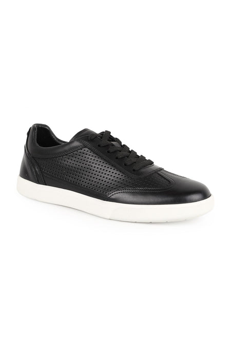 Men's Sneaker Black 100% Genuine Leather Laser Hole Detailed Lace-Up White Rubber Sole Casual Shoes - MALLTURK