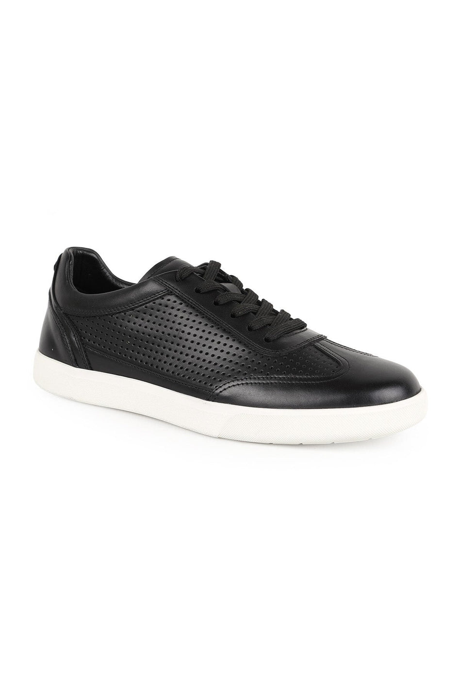 Men's Sneaker Black 100% Genuine Leather Laser Hole Detailed Lace-Up White Rubber Sole Casual Shoes - MALLTURK