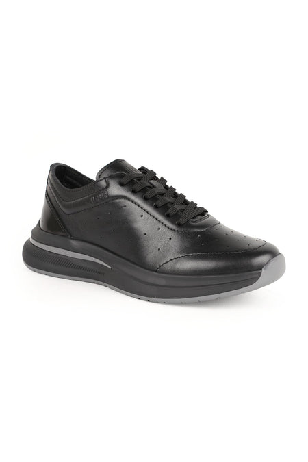 Men's Sneaker Black Genuine Leather Perforated Breathable Lace-Up Lightweight Thick Gray Eva Sole Shoes H - MALLTURK