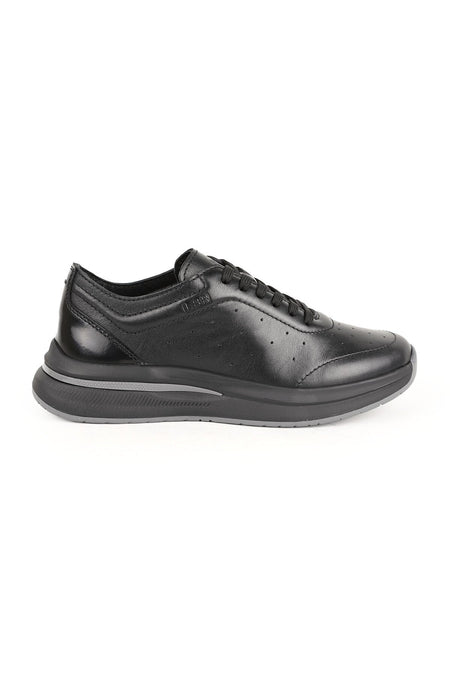 Men's Sneaker Black Genuine Leather Perforated Breathable Lace-Up Lightweight Thick Gray Eva Sole Shoes H - MALLTURK