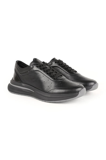 Men's Sneaker Black Genuine Leather Perforated Breathable Lace-Up Lightweight Thick Gray Eva Sole Shoes H - MALLTURK