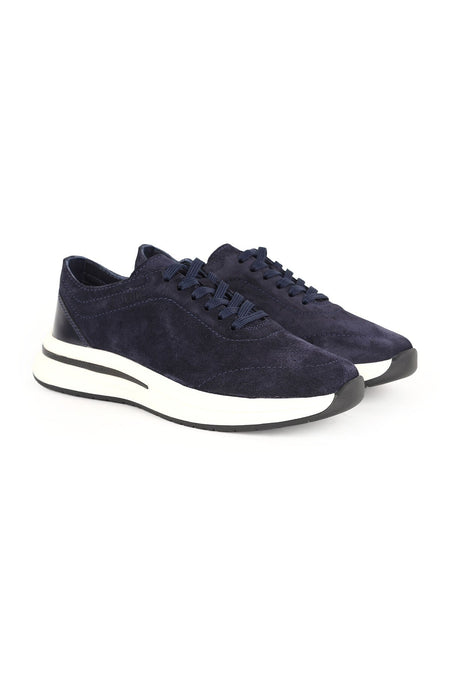 Men's Sneaker Navy Blue Genuine Suede Leather Lace-Up Lightweight Thick White Eva Sole Casual Sports Shoes lb - MALLTURK