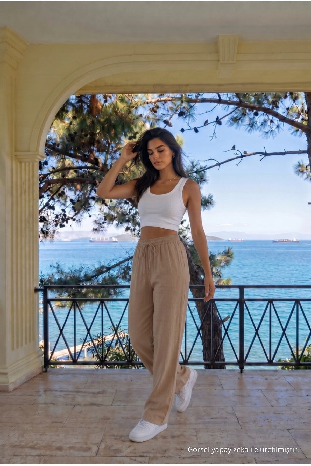 Mink Linen Blend Loose Fit Trousers with Elastic Waist - MALLTURK