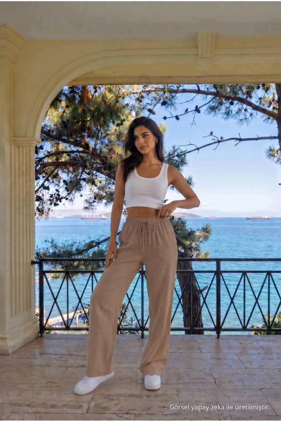 Mink Linen Blend Loose Fit Trousers with Elastic Waist - MALLTURK