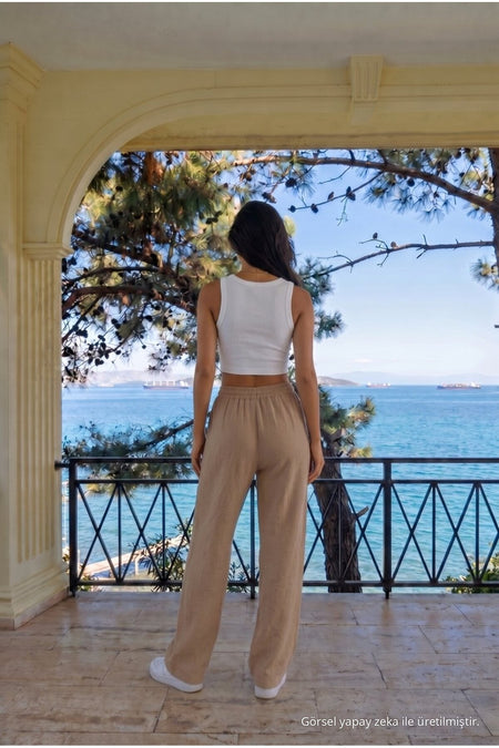 Mink Linen Blend Loose Fit Trousers with Elastic Waist - MALLTURK