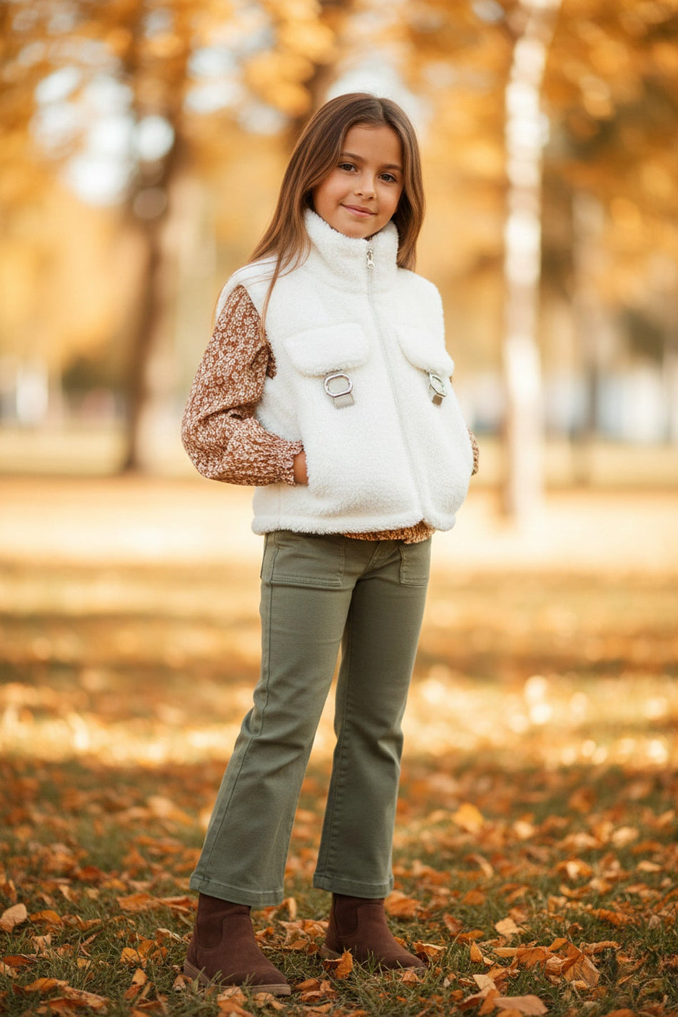 Mock Neck Girls' Plush Vest with Pocket and Belt Detail - MALLTURK