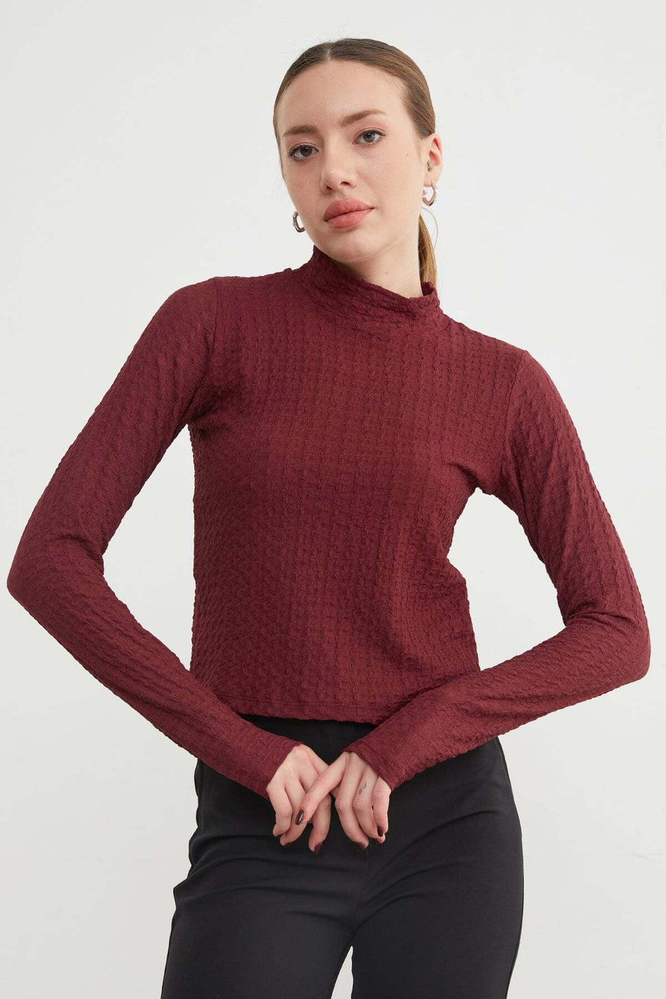 Mock Neck Wrinkled Fabric Blouse - MALLTURK
