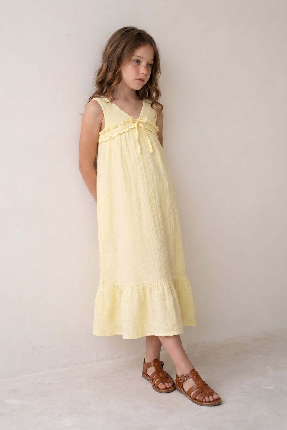Muslin Fabric Girl's Dress with Tie Front and Straps - MALLTURK