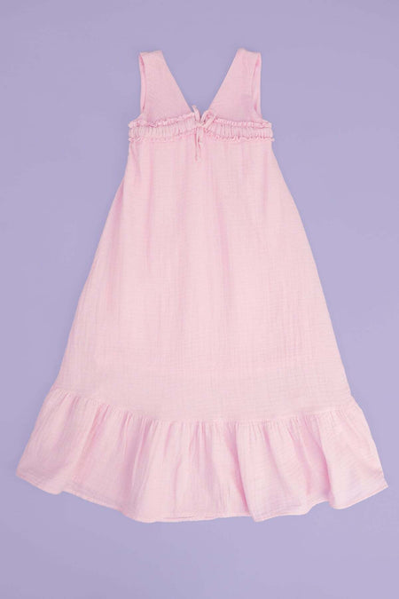 Muslin Fabric Girl's Dress with Tie Front and Straps - MALLTURK