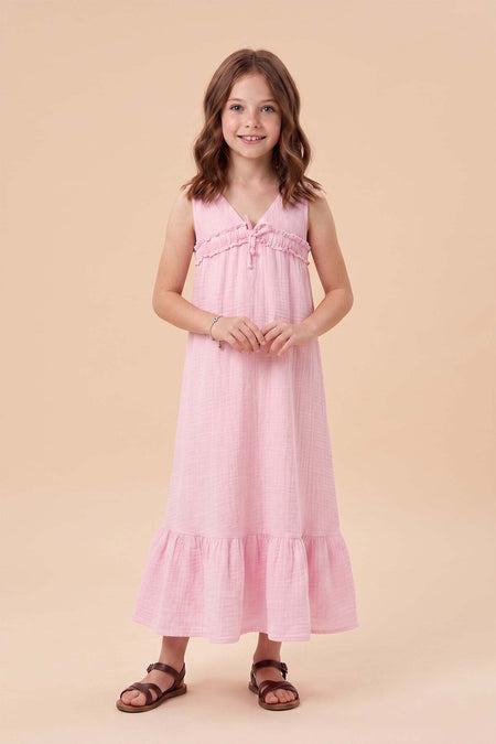 Muslin Fabric Girl's Dress with Tie Front and Straps - MALLTURK