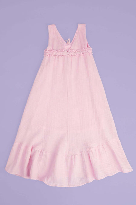 Muslin Fabric Girl's Dress with Tie Front and Straps - MALLTURK