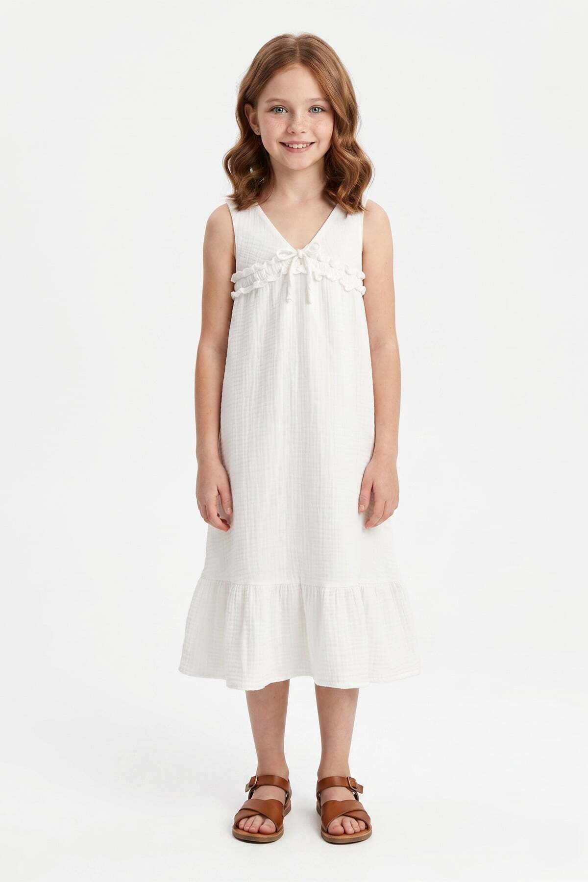 Muslin Fabric Girl's Dress with Tie Front and Straps - MALLTURK