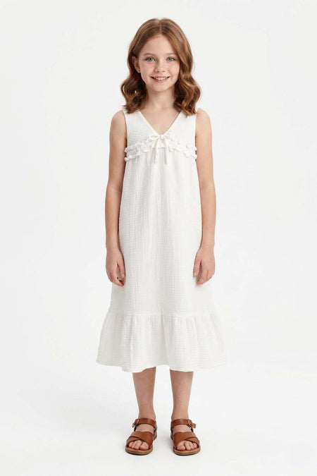 Muslin Fabric Girl's Dress with Tie Front and Straps - MALLTURK