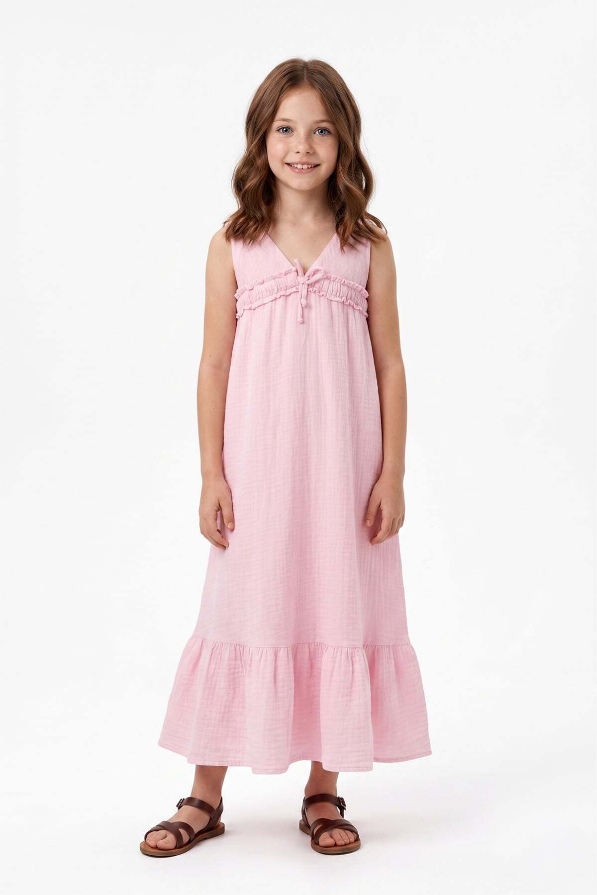 Muslin Fabric Girl's Dress with Tie Front and Straps - MALLTURK