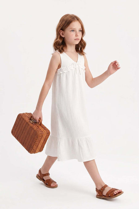 Muslin Fabric Girl's Dress with Tie Front and Straps - MALLTURK