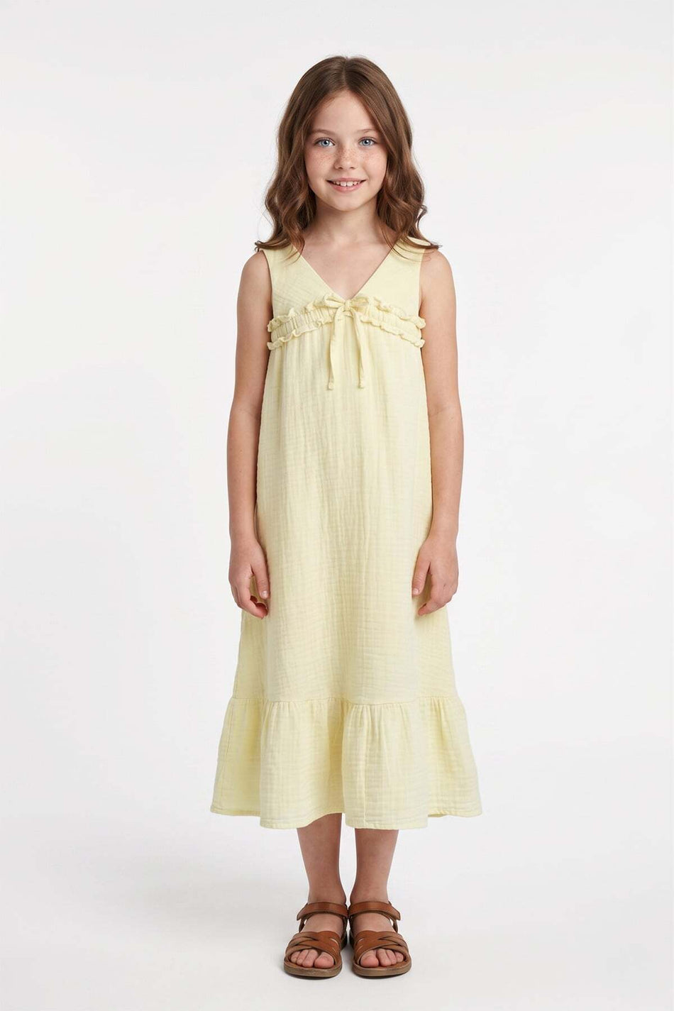 Muslin Fabric Girl's Dress with Tie Front and Straps - MALLTURK