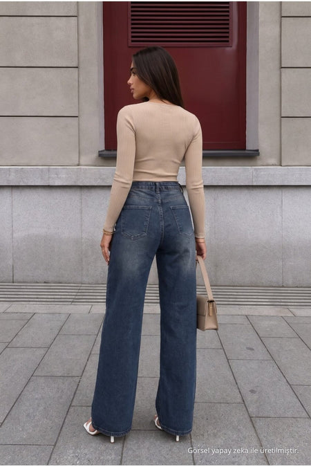 Navy Blue Effect Faded Effect Vintage High Waist Wide Leg Jeans with Lycra - MALLTURK